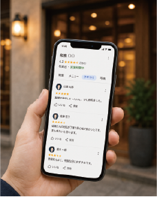 店先でスマホからGoogleマップのクチコミを確認する利用者のイメージ